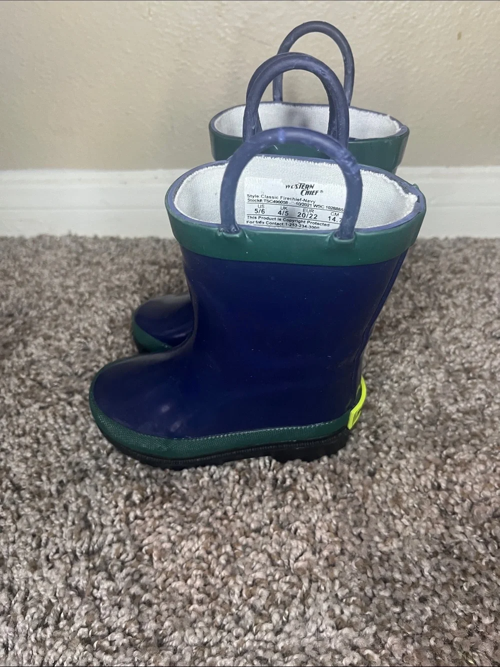 Western Chief Navy and Green Toddler Rain Boots with Pull Handles